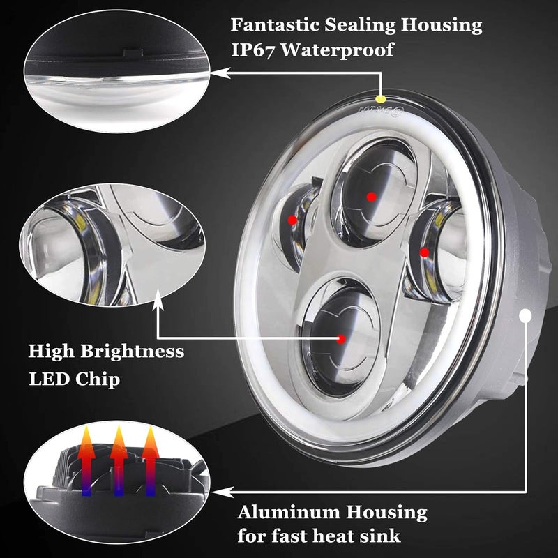 ZZJAUBI Chrome Motorcycle Headlight, 5-3/4inch Round Projector Headlight with White DRL compatible with XL883N/FLSTS/XG750/FXDWG/XL1200V - Image 2